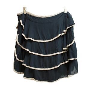 Hazel Anthropologie Dark Blue with Taupe Trim Ruffle Tiered Mini Skirt Medium